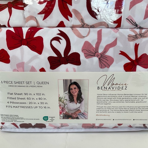 Monica  Benavidez QUEEN Red Bow 6pc Sheet Set - Picture 3 of 4